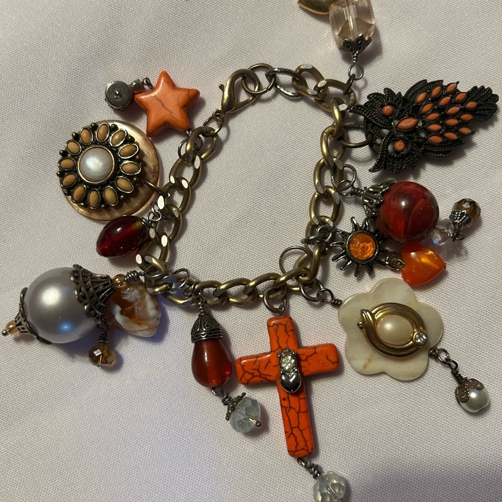 Boho Chic Orange Owl Chunky Charm Bracelet